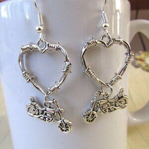 Barbed Wire Heart & Motorcycle Charm Harley Girl Dangle Silverplate Earrings